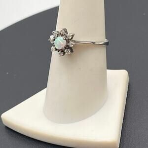Sterling Silver 925 Fire Opal Cabochon CZ Halo Ring Sz 8 1/4
